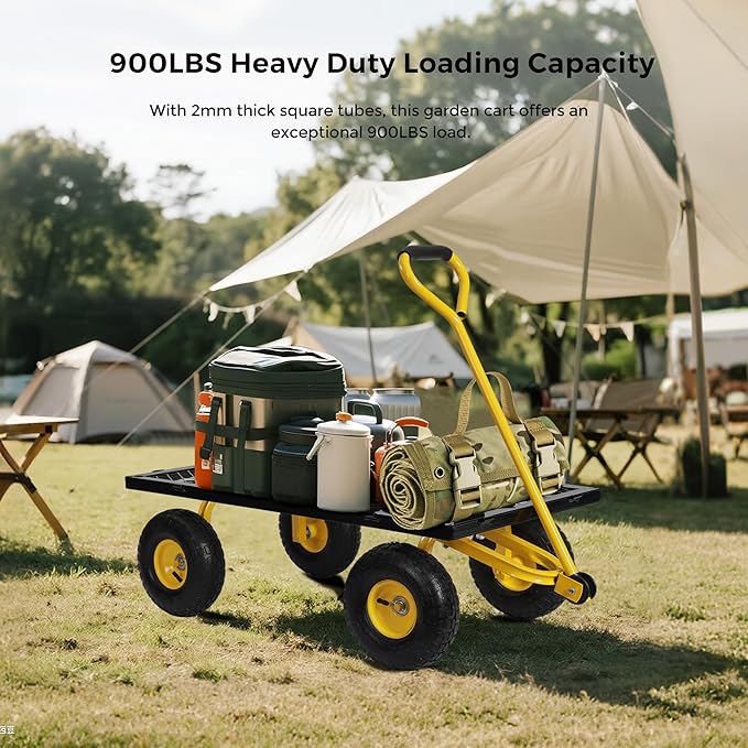 SUNNYFEEL 900 Lbs Capacity Heavy Duty Mesh Steel Garden Cart, Folding Utility Wagon with Removable Sides,10 Inch Flat Free Tires, Black & Yellow