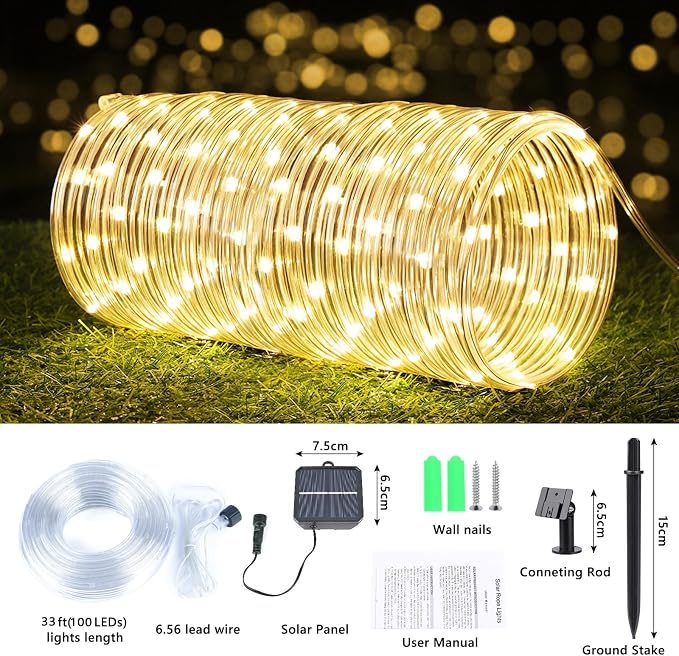 Solar Rope Lights, 33ft 100LED Solar String Lights, 8 Modes Waterproof Solar - Image 4