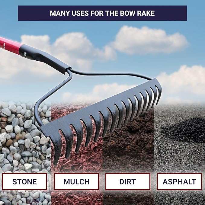 BULLY TOOLS 92309 12-Gauge 16-Inch Bow Rake with Fiberglass Handle and 16 Steel Tines, 58-Inch