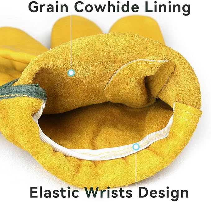 OZERO Leather Work Gloves Flex Grip Tough Cowhide Gardening Glove for Wood Cutting/Construction/Truck Driving/Garden/Yard Working for Men and Women 1 Pair (Gold,Medium)