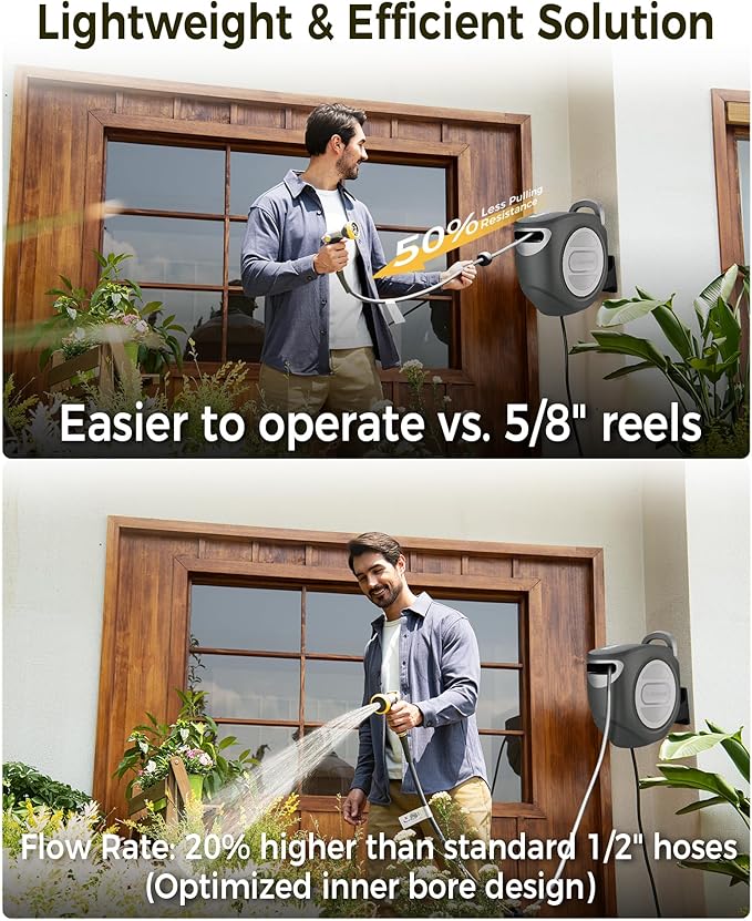 Retractable Garden Hose Reel 1/2 in x 130 ft Upgraded UV Resistant Heavy Duty Automatic Hose Reel Wall Mount 3/4 in Brass Fitting 9 Pattern Nozzle Any Length Lock Slow Retraction