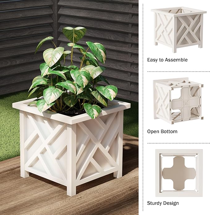 Planters Box - 14.75in Lattice Flower Box Plant Pot - Outdoor Patio Planters and Flower Boxes for Front Porch or Garden Decor by Pure Garden (White)