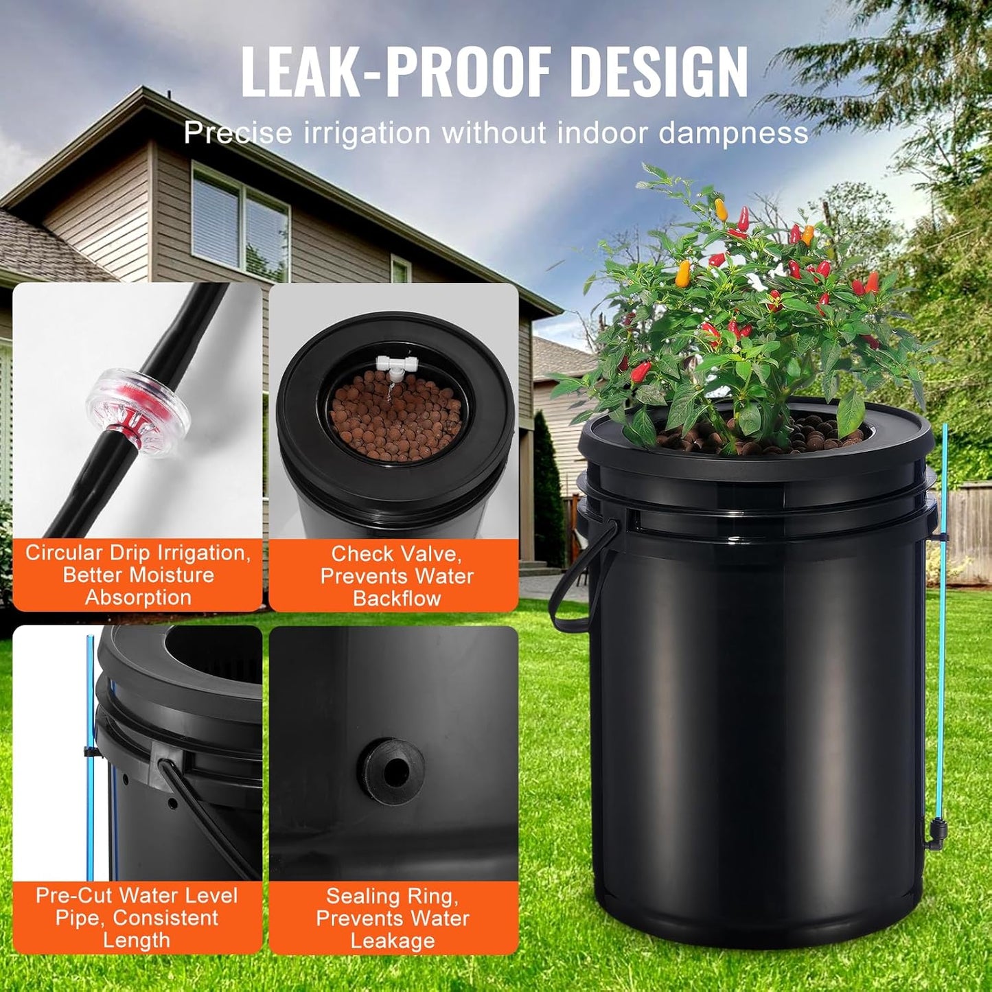 VEVOR RDWC Hydroponics Grow System, Hydroponic Growing Kit with Top Drip, Recirculating Deep Water Culture 4 Buckles and 1 Reservoir, with Air Pump and Water Level Device for Leafy Vegetables