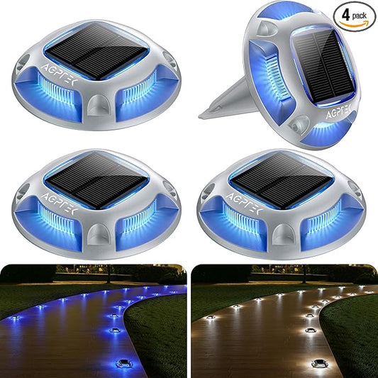 AGPTEK Solar Driveway Lights 4 Pack, 2 Colors in 1 Outdoor Solar Deck Dock Marine Waterproof LED Driveway Marker Security Lights for Outside Pathway,Boat Dock,Step,Walkway,Path,Garden (Blue & White)