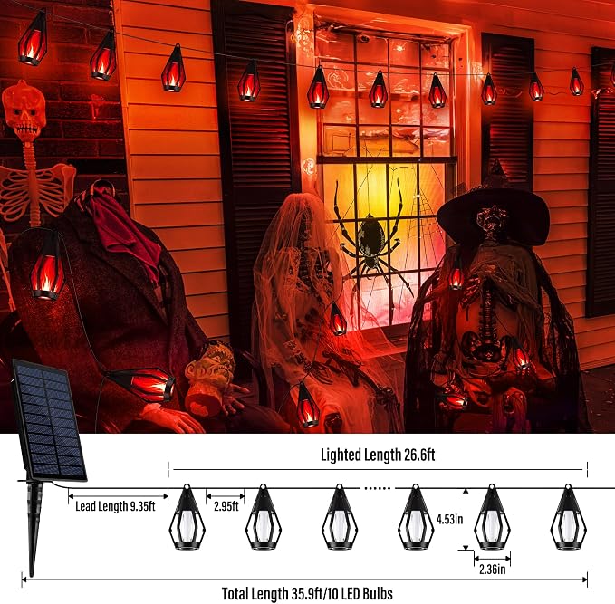 iBaycon Solar Halloween Lights, 27Ft 10 LED Bulbs Flickering Flame String Light - Image 3