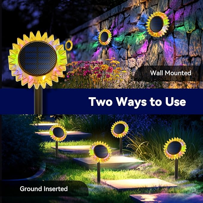 Outdoor Solar Lights, 4 Pack Upgraded Solar Sunflower Lights, Ground/Wall 2-in-1 Waterproof Solar Garden Lights for Yard, Landscape, Fence, Path, Patio, Driveway, Backyard Decor (Colourful)