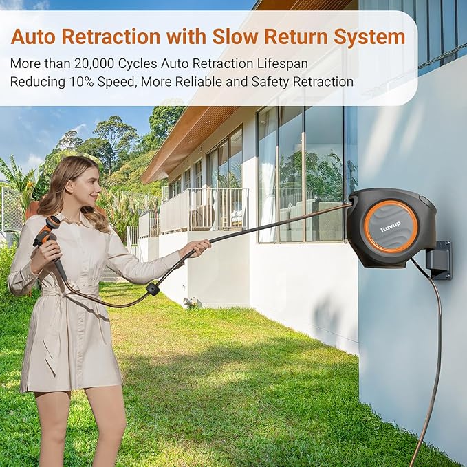 Ruvup Retractable Garden Hose Reel, 5/8in x 100ft Water Hose Reel with Metal Bracket, UV Resistant Automatic Hose Reel Wall Mount for Outside, Slow Retraction Any Length Lock 10 Spray Nozzle