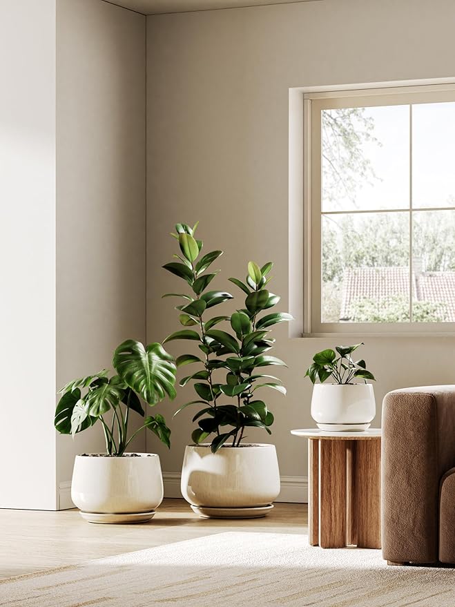 LE TAUCI Ceramic Plant Pots, Set of 2, 10 + 12 Inch Plant Pot, Elegant Planters for Indoor Plants, Sturdy Planter with Drainage Hole and Saucers, Perfect for Home Decor, Reactive Glaze Beige