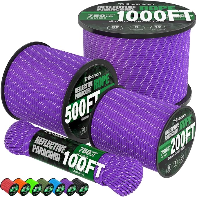 Reflective Paracord Rope 750 lb - 1000ft 5/32" Parachute Cord 4MM 12-Strand by Triberion