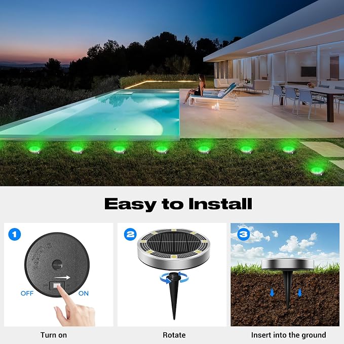 Peasur Mini Solar Ground Lights Outdoor, 8 Pack Flat Solar Powered Disc Lights - Image 4