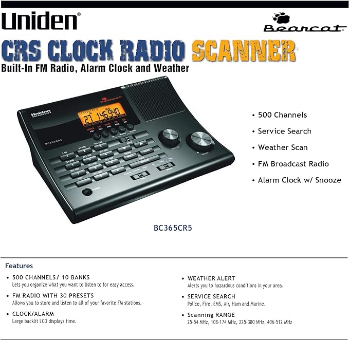 Uniden BC365CRS 500 Channel Scanner and Alarm Clock, FM Radio, Weather Alerts - Image 3