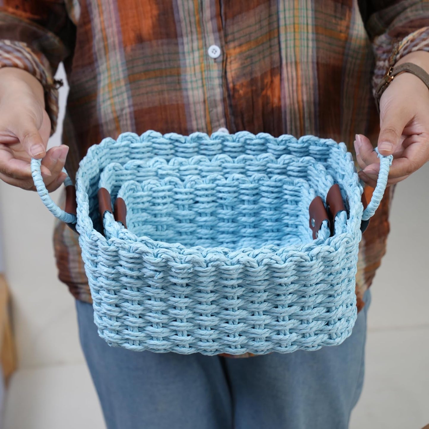 Small baskets for Organizing,Cute woven Storage basket with recycled paper rope for Shelves Bathroom,Little decorative basket,Set of 3 (Sky-Blue)