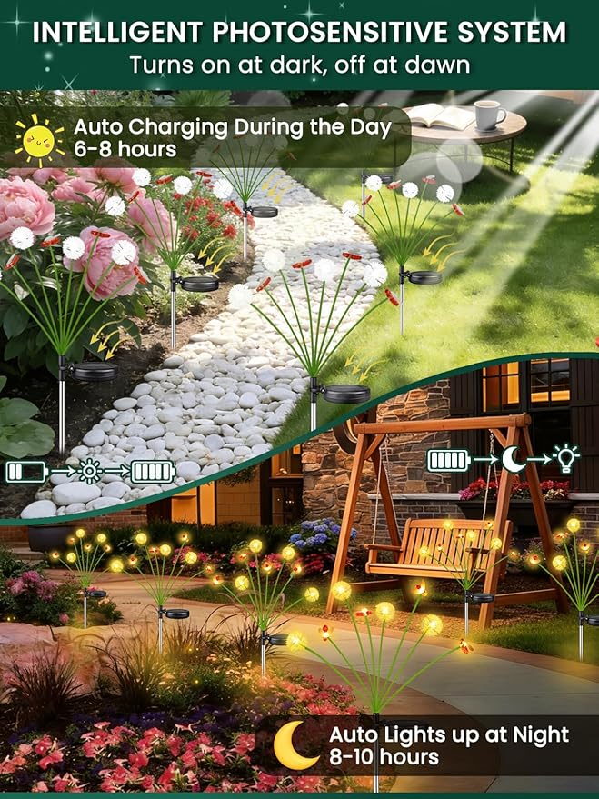Solar Garden Lights Outdoor, Solar Swaying Dandelion Bee Lights Waterproof - Image 5