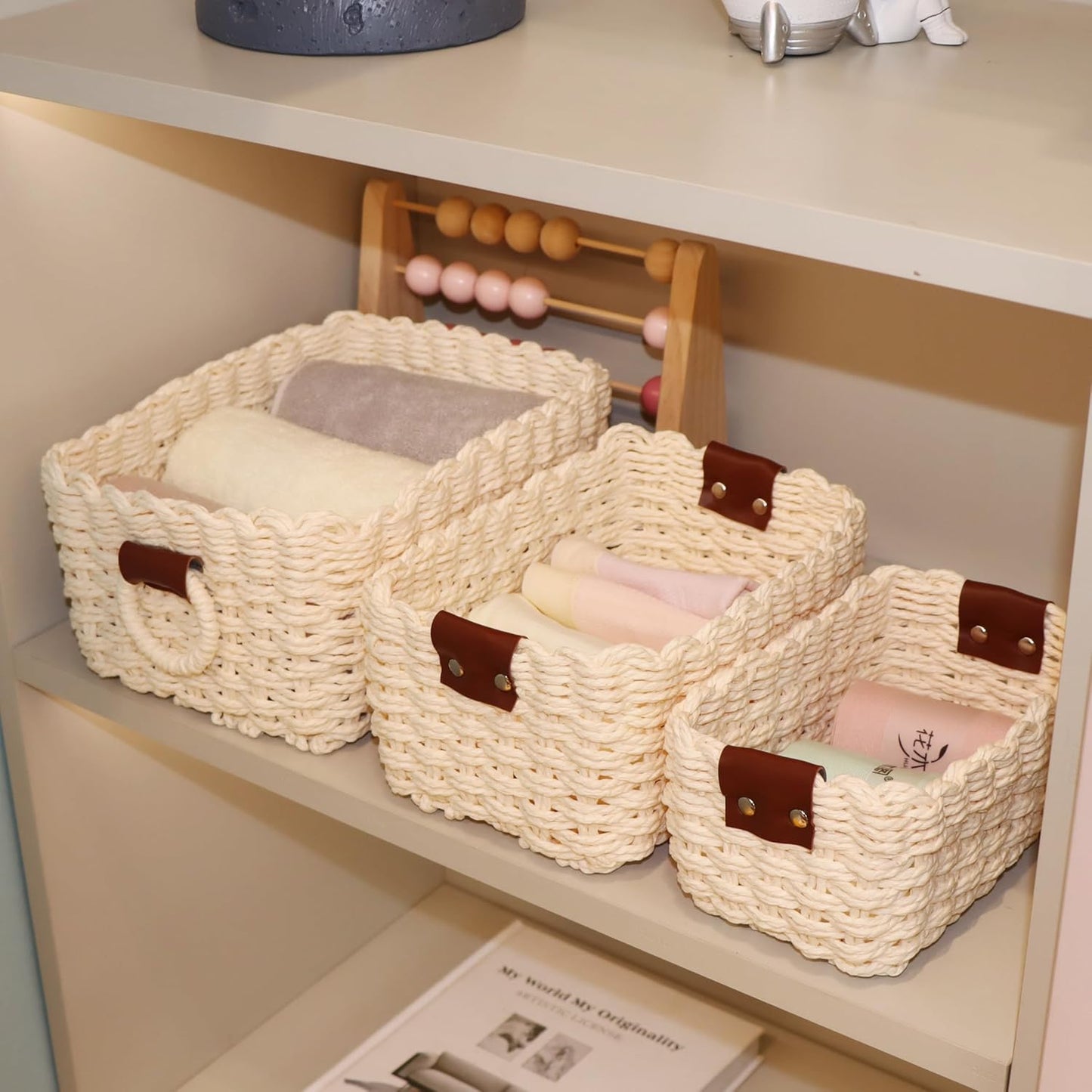 Small baskets for Organizing,Cute woven Storage basket with recycled paper rope for Shelves Bathroom,Little decorative basket,Set of 3 (Beige)