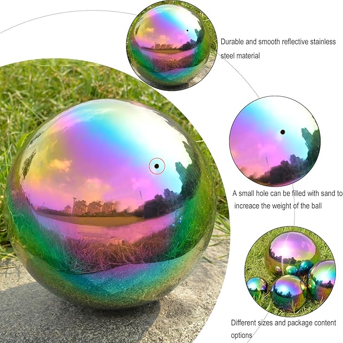 Nerien Gazing Ball, Stainless Steel Garden Mirror Globe, Polished Ornament Sphere, Hollow Floating Reflective Hemisphere, for Home Outdoor Pond Housewarming Swimming Pool Decoration, Rainbow, 8Pcs