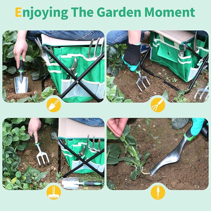 9 PCS All-in-one Garden Tools Set, Heavy Duty Cast-Aluminium Alloy Gardening Tools Kit with Folding Stool Seat&Detachable Canvas Tool Bag , Non-Slip Rubber Grip, Outdoor Hand Tools