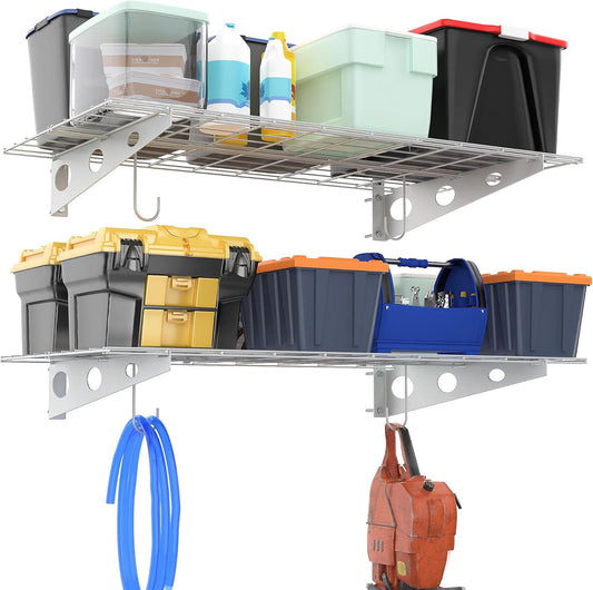 Ultrawall Garage Wall Shelves, 2 x 4 ft Wall Mounted Storage Shelves, Heavy Duty Wall Shelving with Hooks, Holds Up to 220 Lbs, 2Pack, White