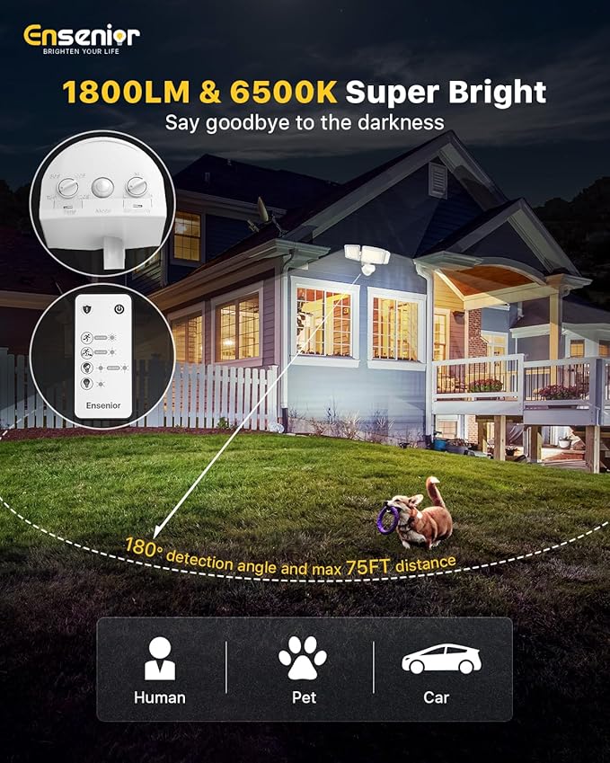 Ensenior 5 Motion Sensor Modes Solar Security Light, 1800LM 270° Wide Angle 3 Heads LED Flood Lights, IP65 Waterproof Wall Lights, Separate Solar Panel Remote Control Solar Lights Outdoor