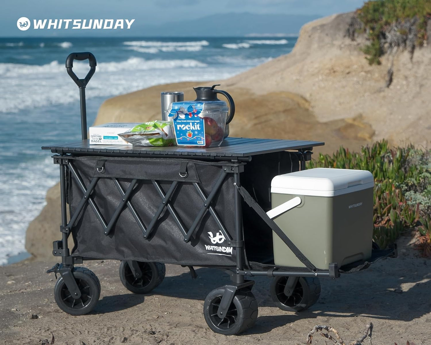 Whitsunday Collapsible Wagon with Tailgate and Big Wheel,Heavy Duty Utility Folding Wagons for Beach Camping Outdoor Black
