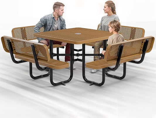 Metal Picnic Tables for Outdoors with Umbrella Hole - Coated Steel Heavy Duty Commercial Grade Table with Adjustable Seats (Brown, 46 in, Square with Back, Expanded Steel)