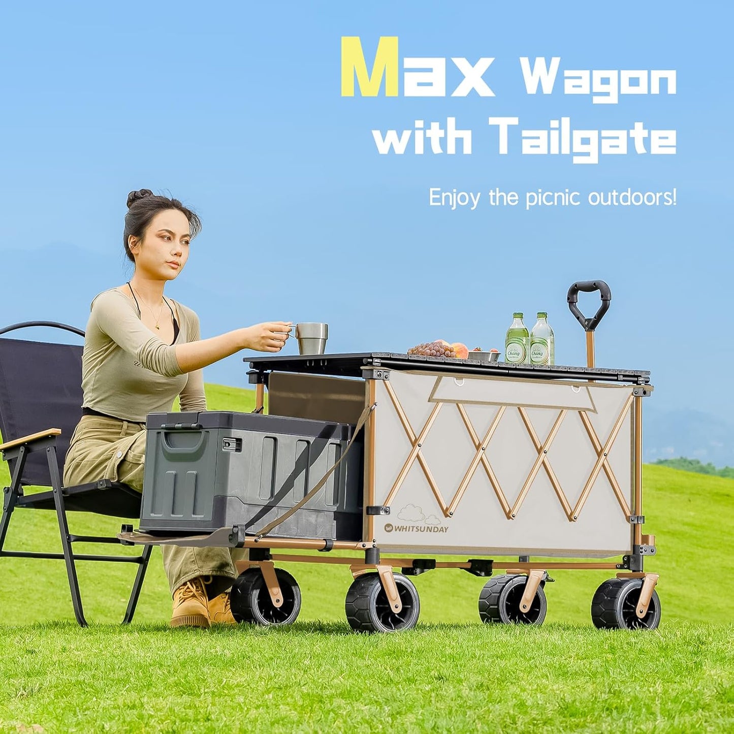 Whitsunday Collapsible Folding Wagon with Table, Heavy Duty Utility Beach Wagons with Opened Tailgate and All-Terrain Wheels for Camping,Garden,Sports (Max Beige)