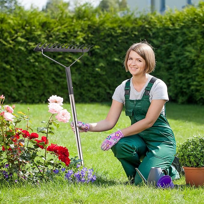 Sturdy Garden Rakes for Leaves: Metal Rake Heavy Duty Tool for Quick Clean Up of Lawn and Yard, 38’’--63’’ Adjustable Long Handle and 14Tines