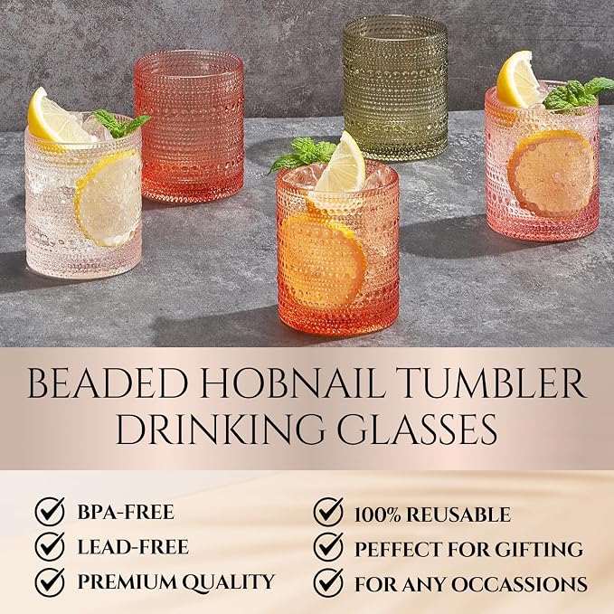 Hobnail Tumbler Drinking Glasses Set | Set of 5 | Vintage Sunset Colored Beaded - Image 2