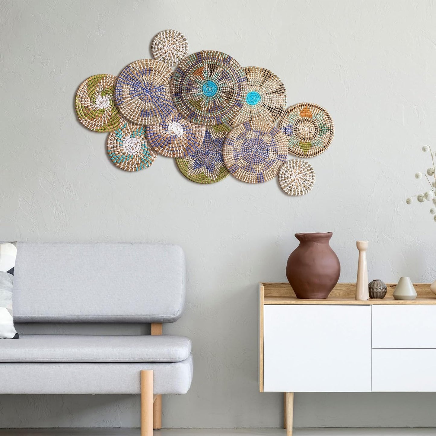 Tatuo 11 Pcs Boho Wall Basket Decor Decorative Bulrush Woven Basket Wall Decor Art Round Farmhouse Hanging Baskets for Kitchen Rustic Home Summer Decorations, Multi Sizes(Multicolour)