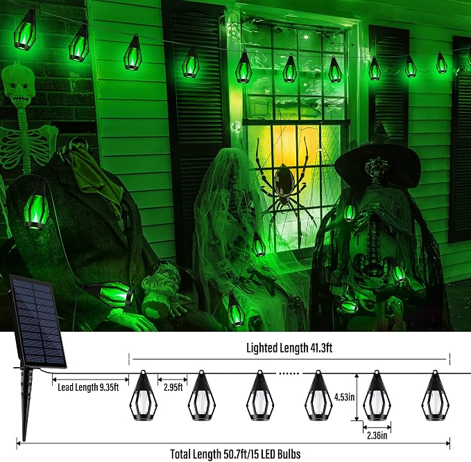 iBaycon Solar Halloween Lights, 42Ft 15 LED Bulbs Flickering Flame String Light - Image 3
