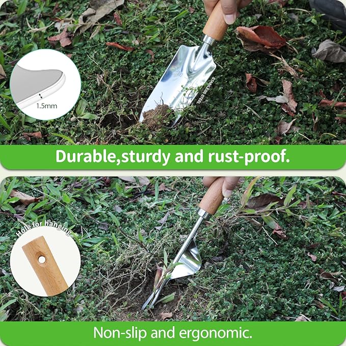 Garden Tool Set, 2 Pieces Stainless Steel Heavy Duty Garden Tools, Garden Kit with Ergonomic Wooden Handle, Durable Garden Tools for Gardening, Gardening Gifts for Women