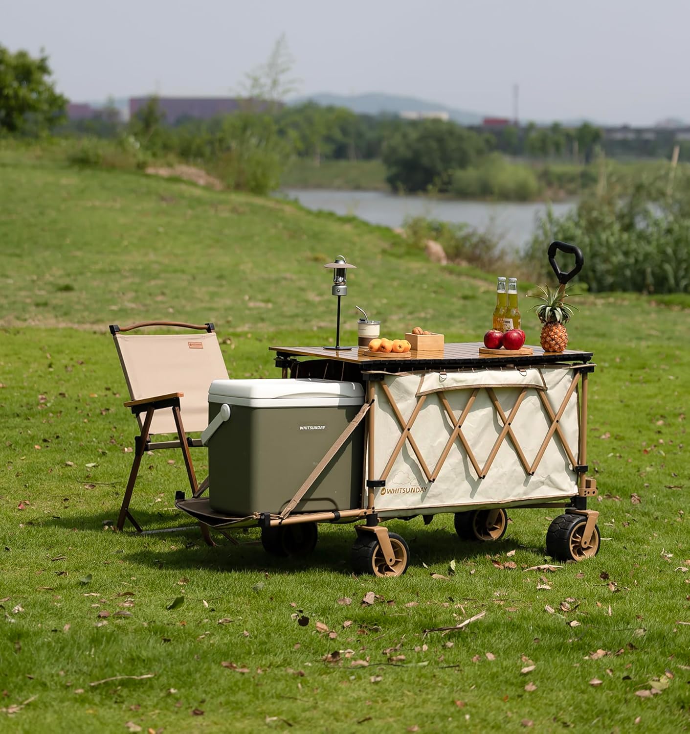 Whitsunday Collapsible Folding Wagon with Table,Heavy Duty Utility Beach Wagons with Opened Tailgate and All-Terrain Wheels for Camping,Garden,Sports Beige