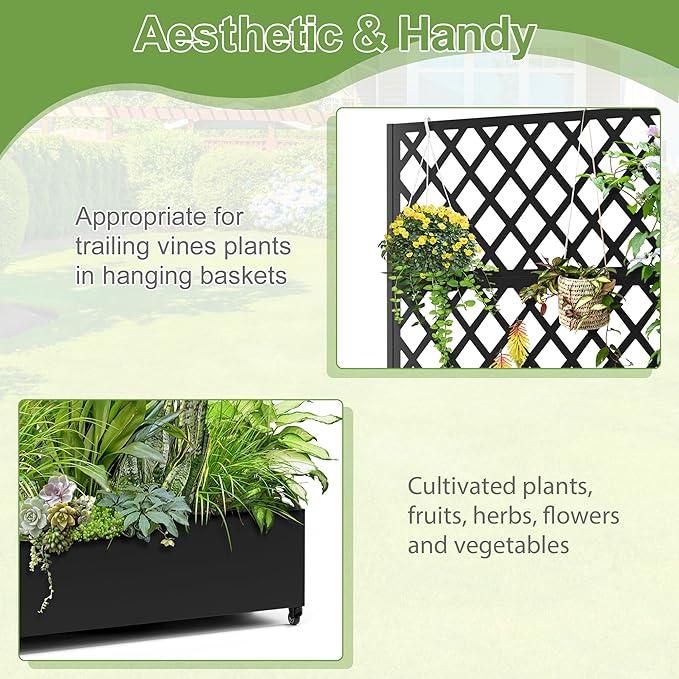 Metal Planter Trellis Box with Wheels & Drain Plug Outdoor Raised Garden Bed Patio Privacy Screen with Planter for Climbing Plants, Vegetables 73"x47"x16" Black-Diamond