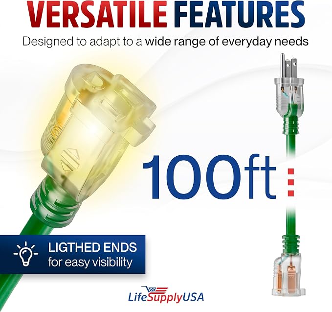 100ft Outdoor/Indoor Extension Cord 16/3 Gauge Heavy Duty 3 Prong SJTW - Image 6