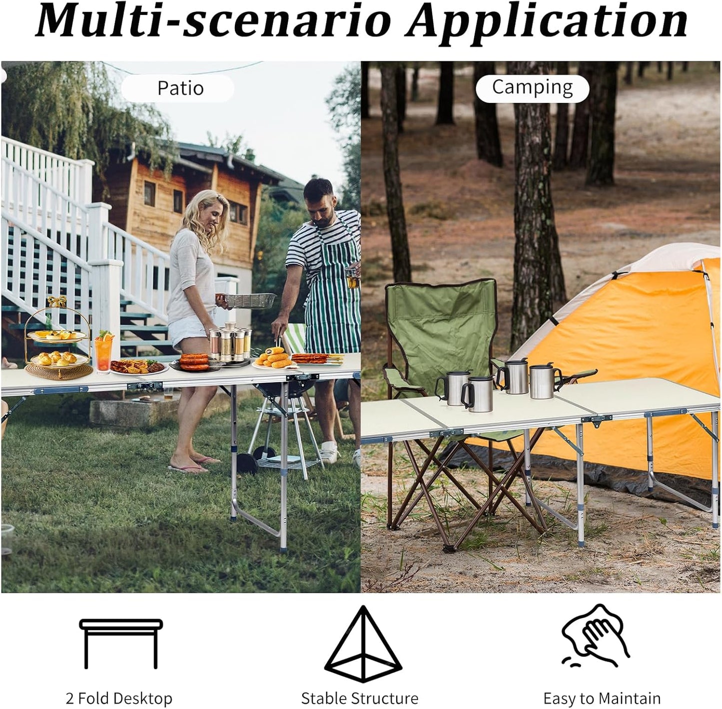 Outvita 6ft Portable Folding Camping Table, Outdoor Waterproof Adjustable Height Table, Aluminum Lightweight Suitcase Foldable Table for Picnic BBQ Beach Dining