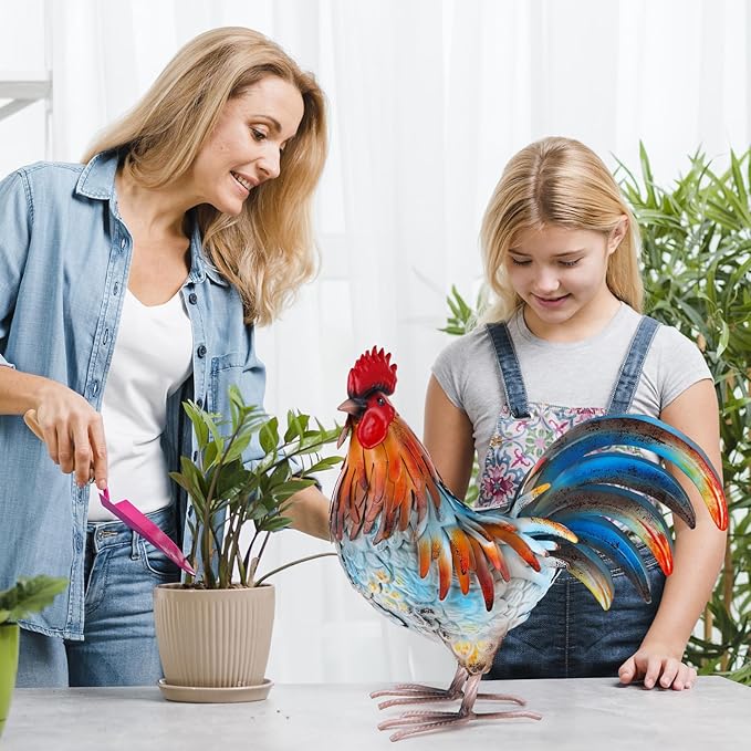 Metal Rooster Decor Garden Statue,Yard Chicken Decorations Outdoor Sculpture for Backyard Patio Kitchen Lawn Ornaments,Birthday for Women Mom