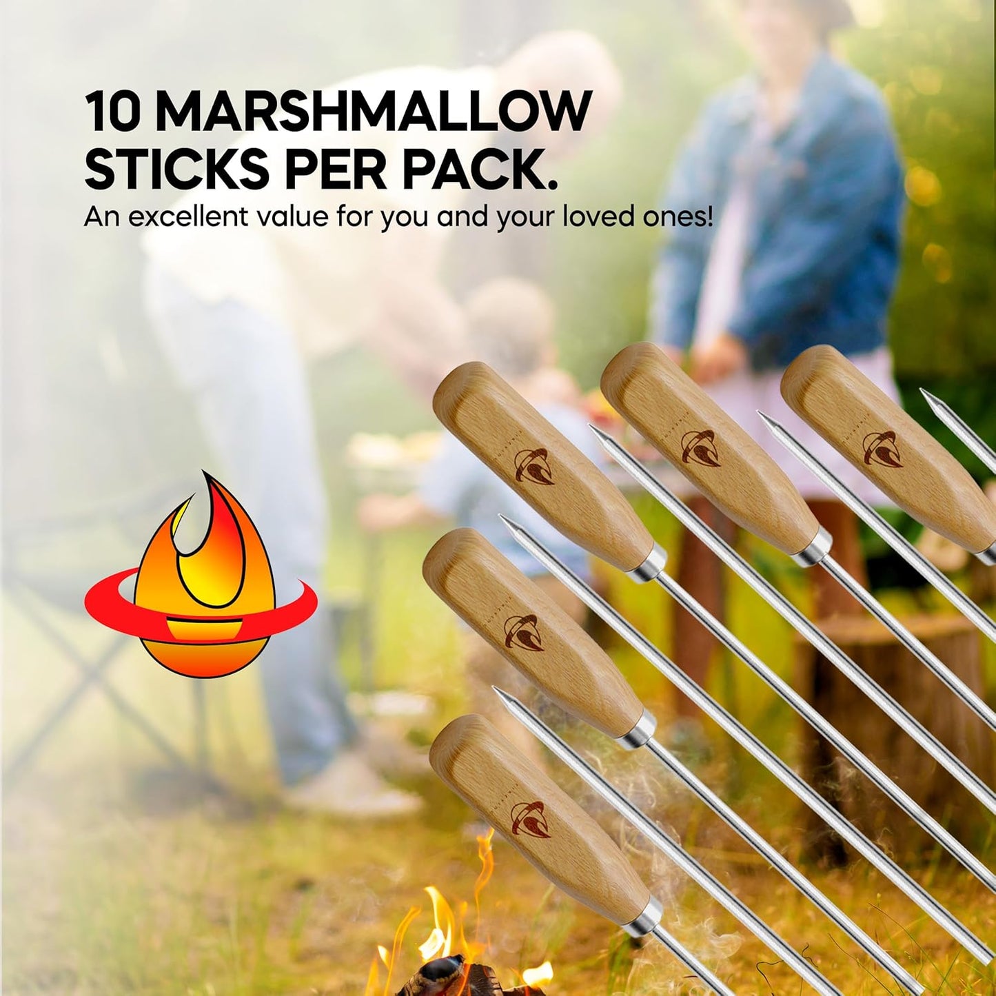 Marshmallow Sticks for Fire Pit - 34" Extra Long Roasting Smores Stick - Campfire Metal Skewers Roast Hot Dog Corn BBQ Utensil Holder Kit Outdoor Camping Accessories with Wooden Handle (10-Pack)