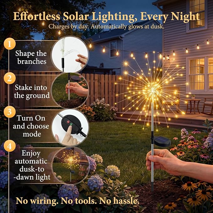 Solar Firework Lights, 6 Pack 120 LEDs 8 Lighting Modes Twinkle Solar Garden - Image 6