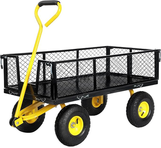 SUNNYFEEL 900 Lbs Capacity Heavy Duty Mesh Steel Garden Cart, Folding Utility Wagon with Removable Sides,10 Inch Flat Free Tires, Black & Yellow