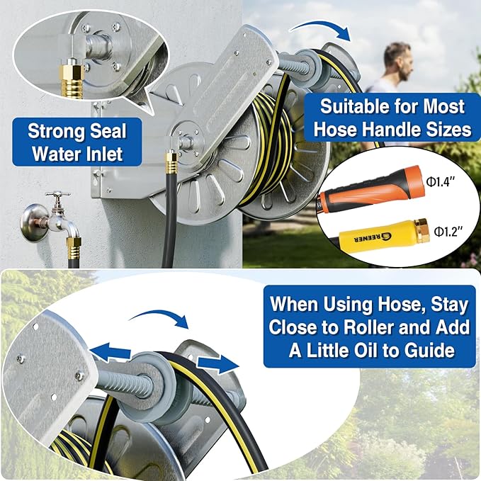 GREENER Stainless Steel Hose Reel for Outside,Wall Mount Garden Hose Holder Heavy Duty Metal Reel, 3/4" Solid Connector with 5/8" Inlet Hose and Crank,100-Feet 5/8" Hose Capacity