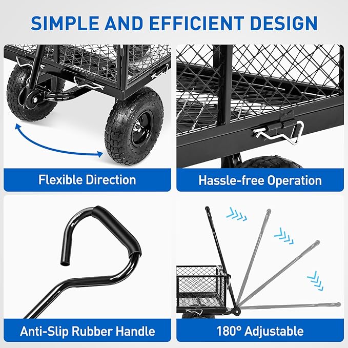 Yesker Steel Garden Carts - 800lbs Dump Wagon with All Terrain Inflatable Wheels for Yard Lawn Farms Gardening - Heavy Duty Utility Outdoor Hauling Wheelbarrow
