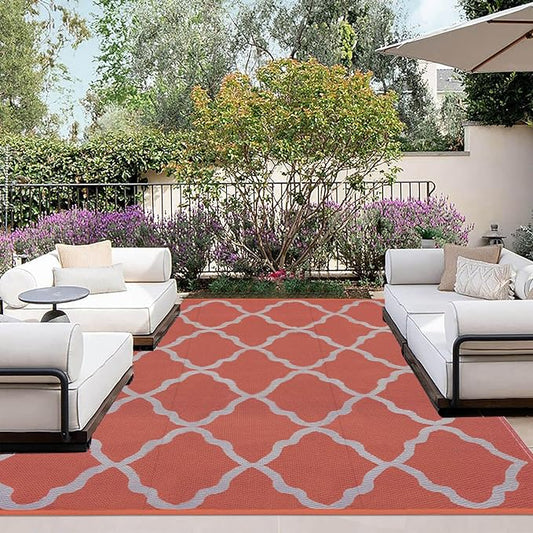 OutdoorLines Outdoor Plastic Area Rug for Patio 5x8 ft - Reversible Outside Carpet, Stain & UV Resistant RV Mats, Straw Rug for Camping, Deck Garden, Porch and Balcony, Moroccan/Orange & Light Grey