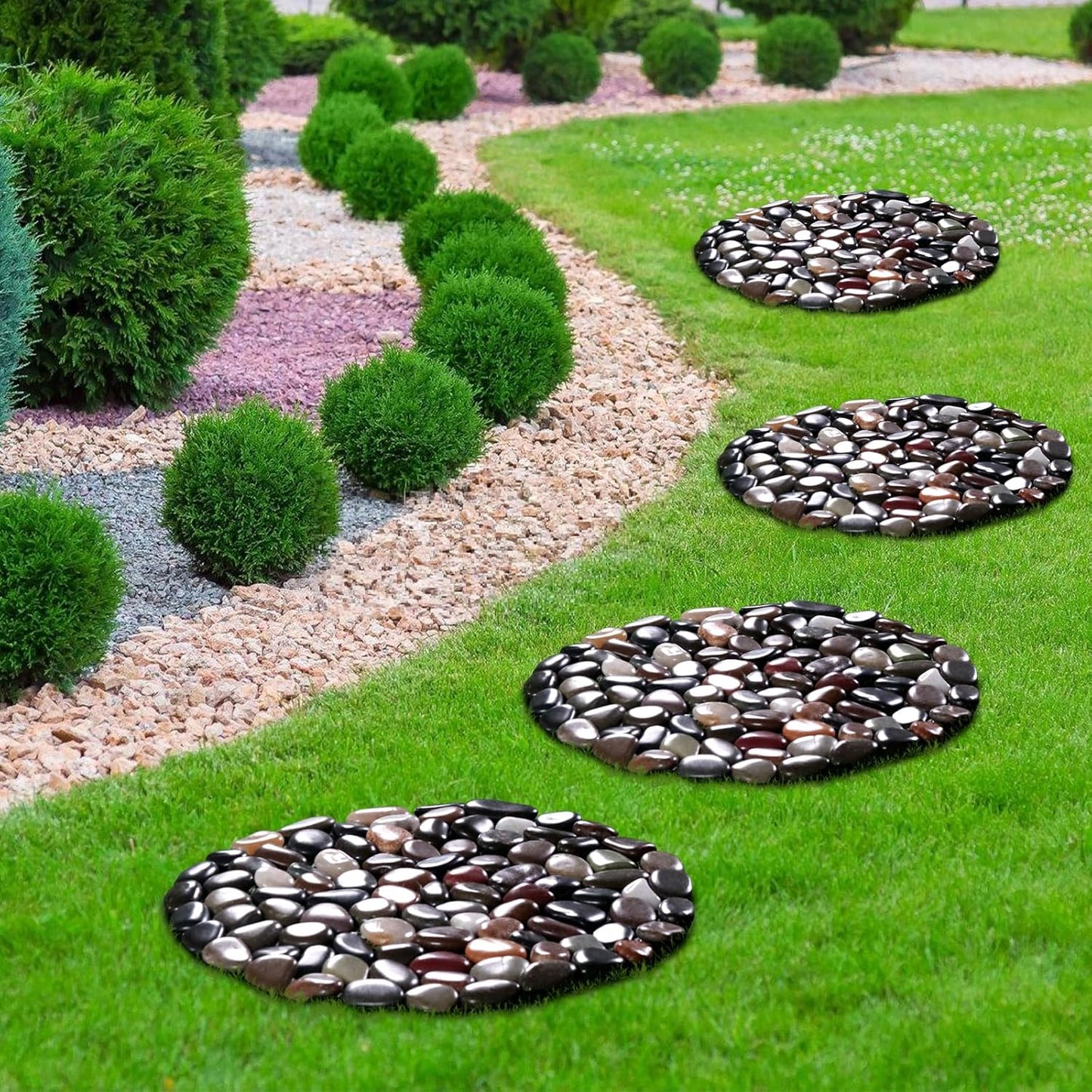 10in River Rock Stepping Stones Set - 6 Pack | Polished Pebble | Long-Lasting PVC Mesh Backing | Perfect for Garden Paths and Lawns Outdoor Landscaping Decoration | Mixed Circle