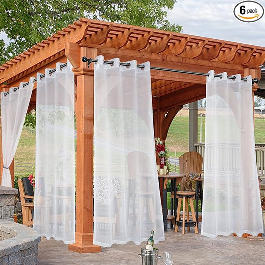 HolidayIdeas White Outdoor Sheer Curtains for Patio Waterproof, 6 Panels - 54 x 84 Inch - Light Filtering Voile Outside Curtains Grommet Drapes for Front Porch, Gazebo, Pergola, Backyard