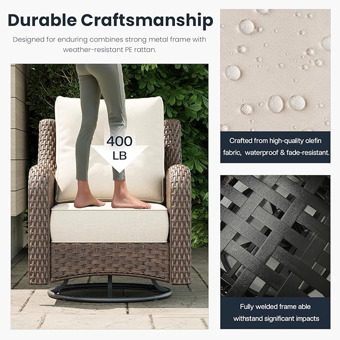 6 Pieces Outdoor Patio Furniture Sets with Rocking Swivel Chairs with 6-inch Thick Cushion and Side Table for Deck Lawn