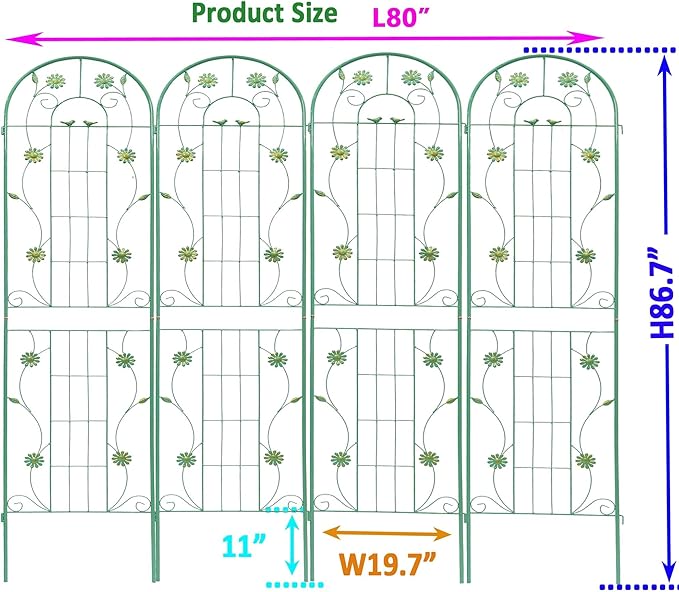 4 Pack Metal Garden Trellis 86.7" H Garden Fence Rustproof Trellis for Climbing Plants Support Roses Flower Outdoor Lawn Green-Blue Tall Trellis