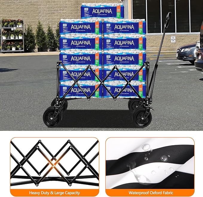 Wagons Carts Foldable with All-Terrain Big Wheels 400 LBS, Heavy Duty Collapsible Utility Wagon Cart, Folding Grocery Cart for Beach, Camping, Sports, Shopping, Garden and Fishing-Black Stripe
