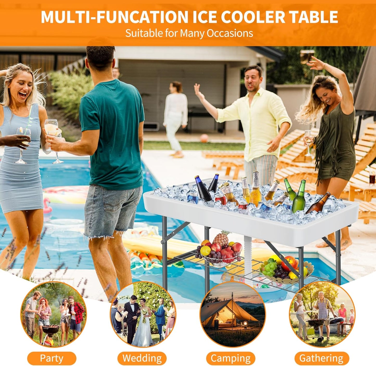 Portable Folding Ice Cooler Table - Outdoor Cooler 4 Foot Table with Removable Matching Skirt and Shelf, Ice Tables for Party, BBQ, Camping, Picnic, Foldable Self-Serving Beverage Cooling Bar(White)