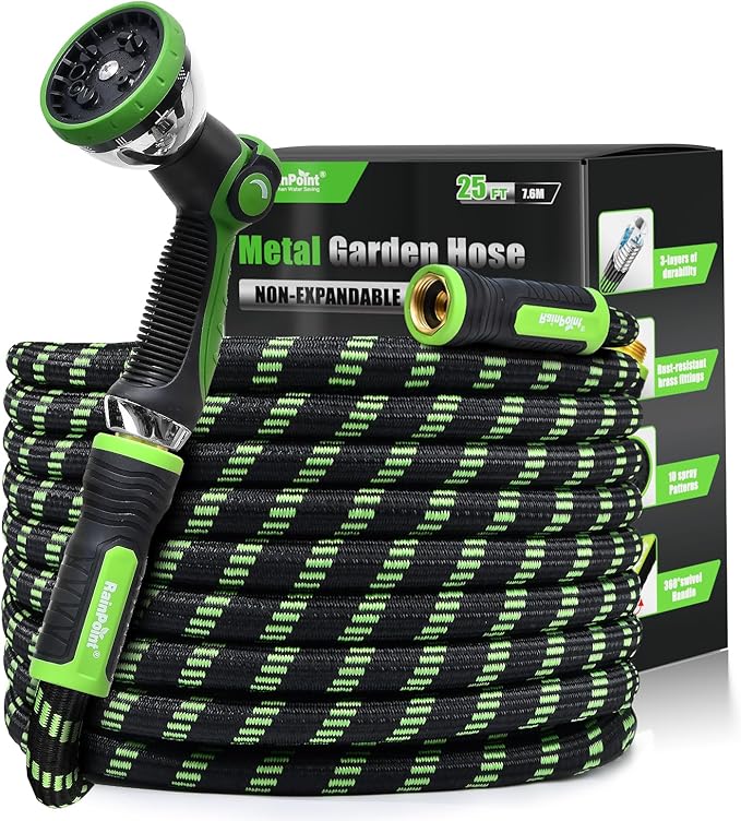 RAINPOINT Metal Garden Hose 25 ft - No-kink 304 Steel Water Hose with 10 mode Nozzle - Brass Connection, Swivel Handle, Flexible Hose,Lightweight, Puncture