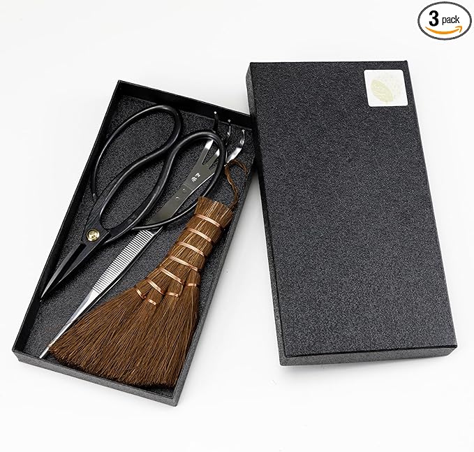 Wazakura Japanese Bonsai Garden 3PCS Tool Starter Kit, Made in Japan, Traditional Bonsai Scissors, Stainless Tweezers with Rake, Chinese Broom. Beginner Set wit Tweezers, Shears and Brush