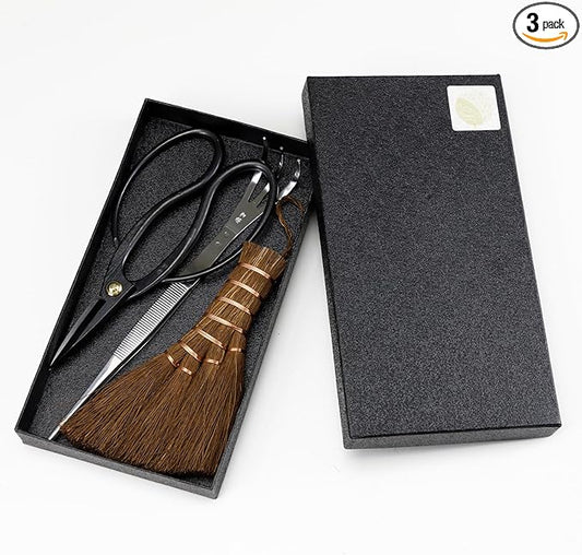 Wazakura Japanese Bonsai Garden 3PCS Tool Starter Kit, Made in Japan, Traditional Bonsai Scissors, Stainless Tweezers with Rake, Chinese Broom. Beginner Set wit Tweezers, Shears and Brush